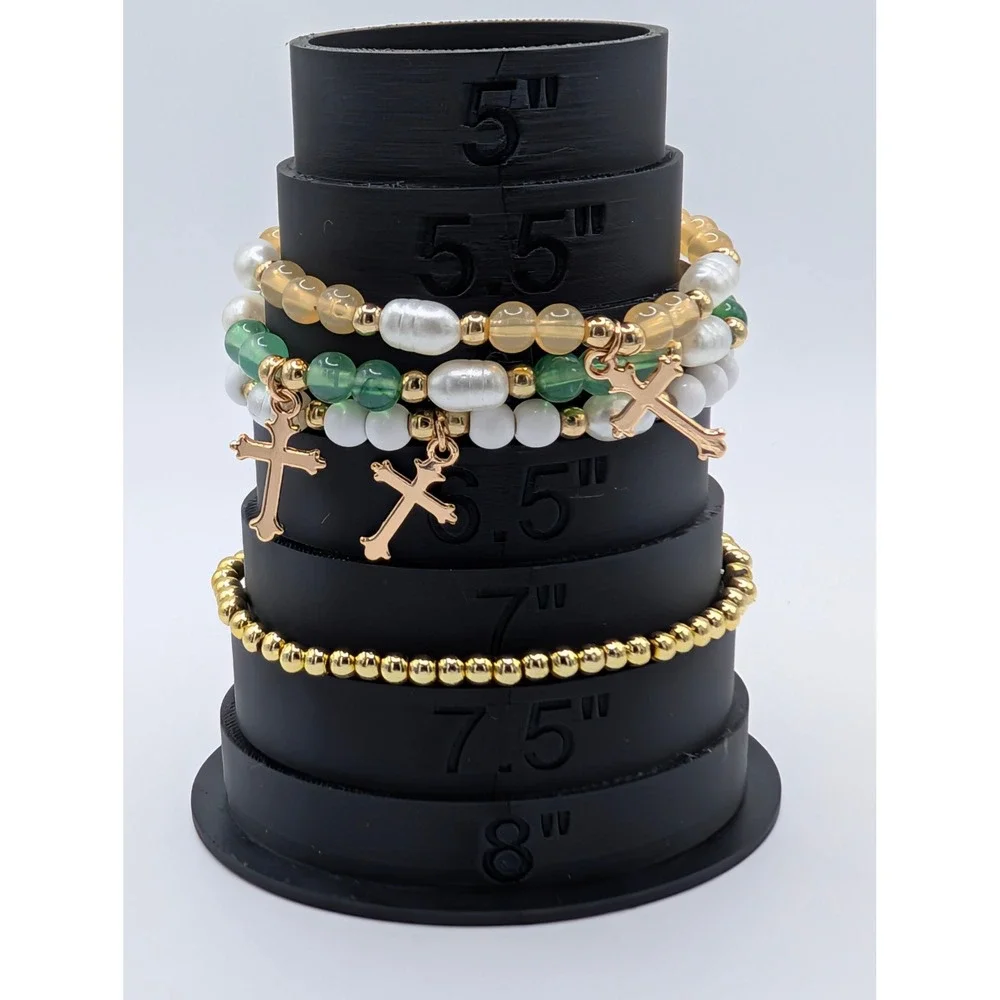 Christian Cross Beaded Stretch Bracelet Stack 4pc Faux Pearl Gold Tone Charms